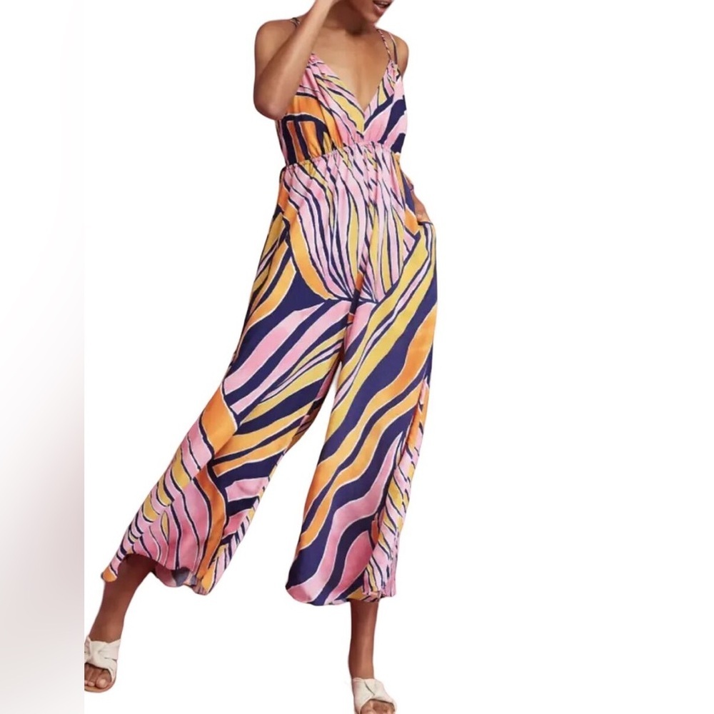 Anthropologie Maeve Finley Animal Print Sleeveless Wide Crop Leg Jumpsuit